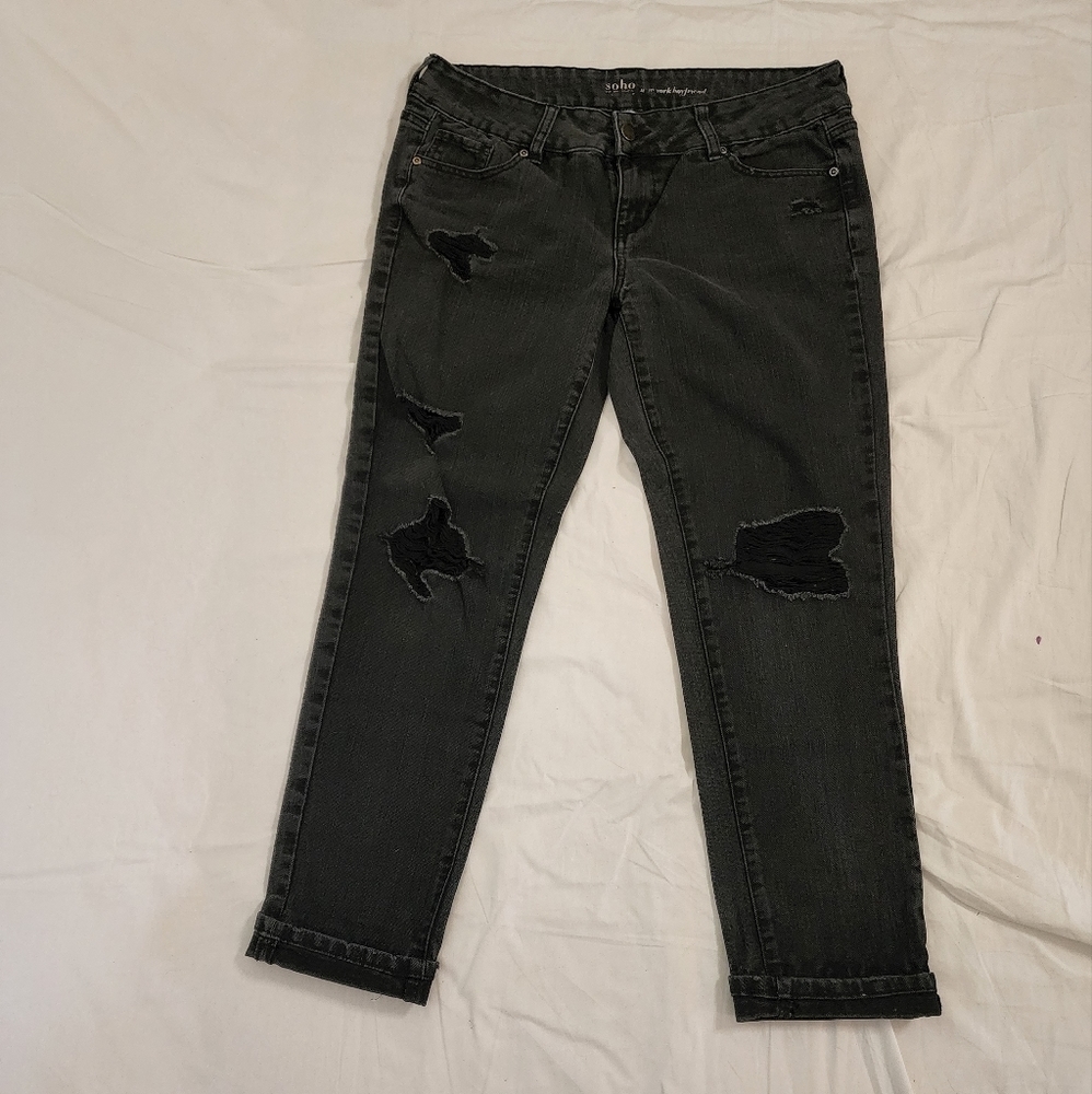 New York & Co. Women's Cropped Distressed Cuffed Boyfriend Black Jeans 👖